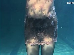 Lozhkova in watch through shorts in the pool